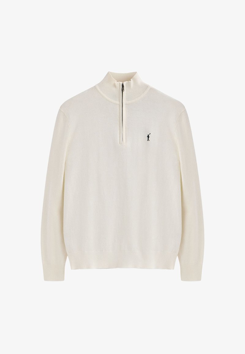 Maglione zip-up bianco realizzato in un morbido tessuto testurizzato. Presenta maniche lunghe e un accento nero con il logo sul petto.