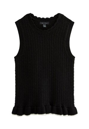 Zwarte mouwloze gebreide trui met geschulpte randen bij de halslijn, armgaten en zoom.