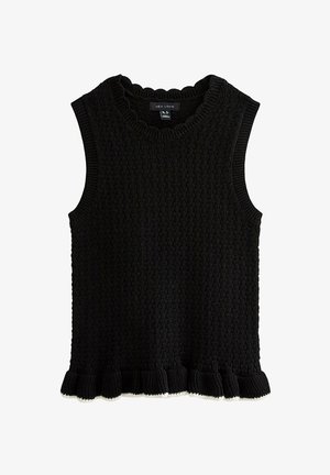 Zwarte mouwloze gebreide trui met geschulpte randen bij de halslijn, armgaten en zoom.
