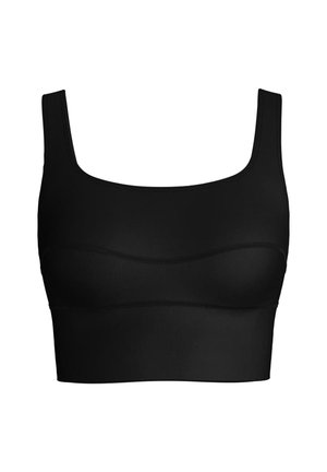 Brassière de sport noire avec larges bretelles, encolure carrée et coupe ajustée. Confectionnée dans un matériau lisse et extensible avec des détails de coutures discrètes.