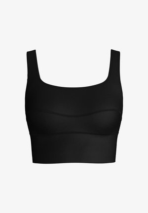Brassière de sport noire avec larges bretelles, encolure carrée et coupe ajustée. Confectionnée dans un matériau lisse et extensible avec des détails de coutures discrètes.