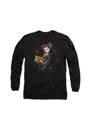 Black long-sleeve t-shirt featuring a colorful illustration of a character reading a book, surrounded by mystical symbols and patterns.
