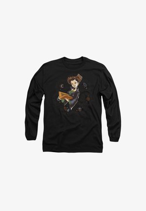 Black long-sleeve t-shirt featuring a colorful illustration of a character reading a book, surrounded by mystical symbols and patterns.