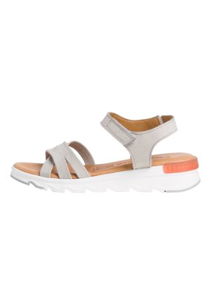 Light gray leather sandals with cross-strapped design, cushioned insole, and white sole featuring an orange accent at the heel.