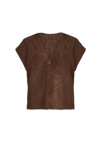 Gilet marrone morbido in maglia con scollo a V profondo, maniche a cappuccio e cinque bottoni sul davanti. Tessuto morbido, vestibilità comoda e senza motivi aggiuntivi.