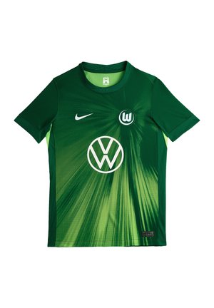 Groen voetbalshirt met een gradient ontwerp, voorzien van een ronde halslijn, korte mouwen, het Nike-logo en het Volkswagen-embleem in het wit in het midden.