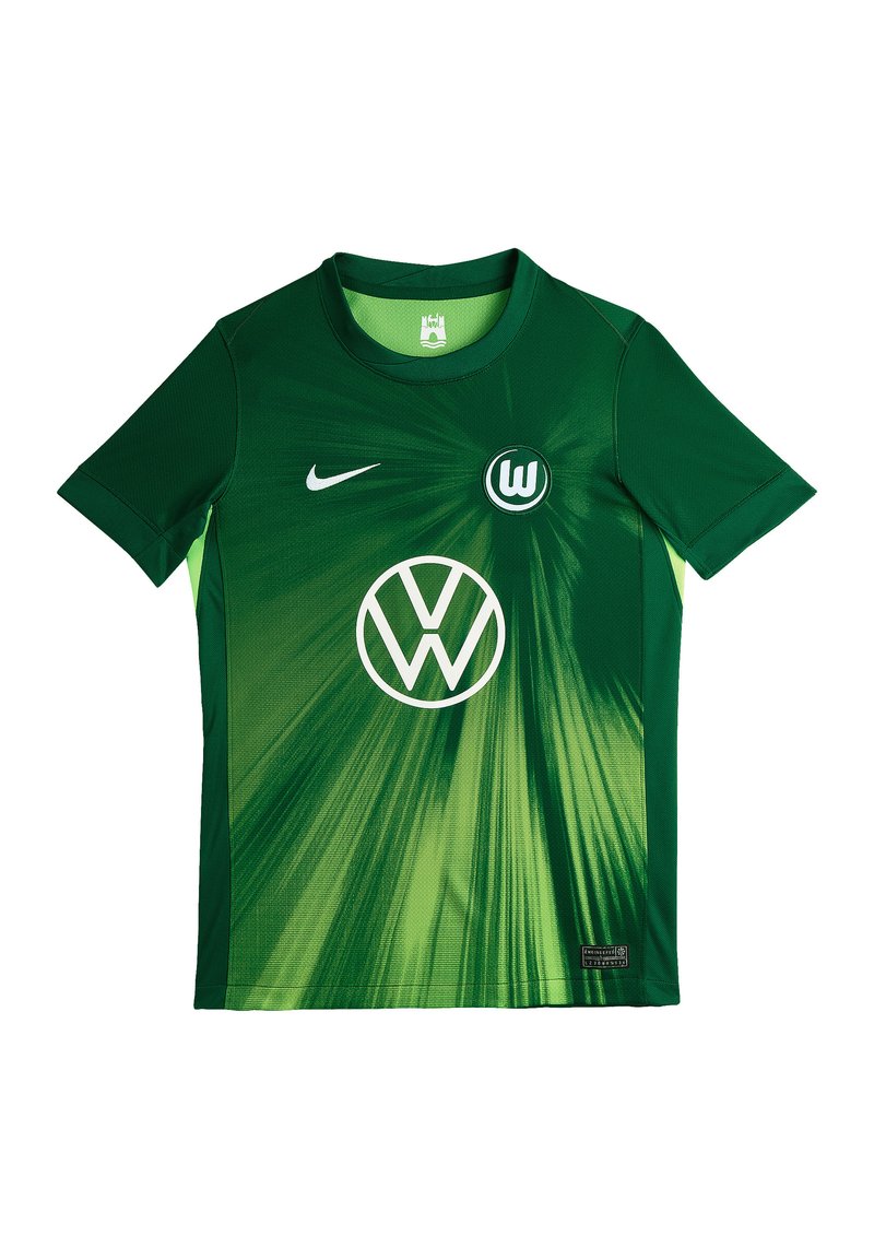 Maglia da calcio verde con un design a gradient, dotata di scollatura rotonda, maniche corte, logo Nike e emblema Volkswagen bianco al centro.