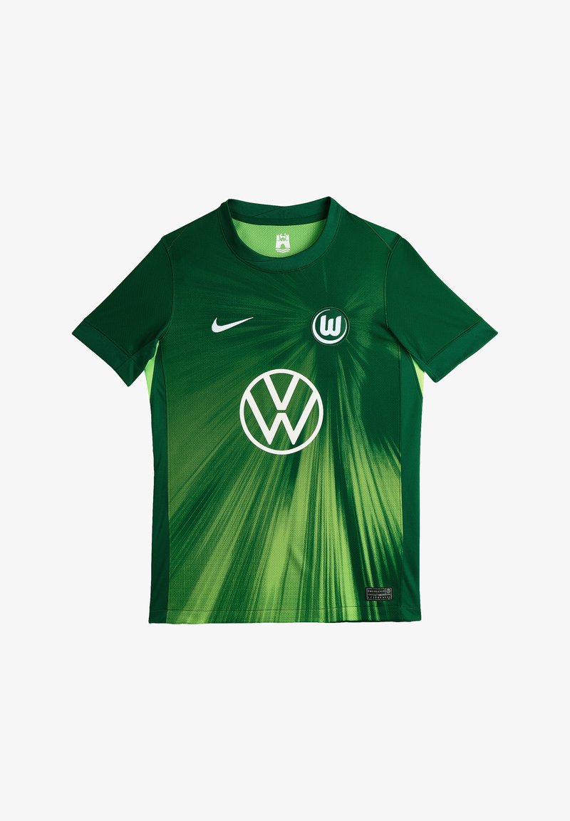 Grünes Fußballtrikot mit einem Verlaufdesign, rundem Ausschnitt, kurzen Ärmeln, Nike-Logo und Volkswagen-Emblem in Weiß in der Mitte.