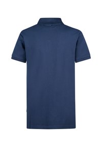 Mörkblå polo t-shirt, korta ärmar, mjukt bomullsmaterial, ribbad krage, ren design, plain baksida utan dekorationer eller mönster.