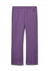 Paarse rechte broek met een elastische tailleband en een klein geborduurd logo nabij het rechterzakgebied.
