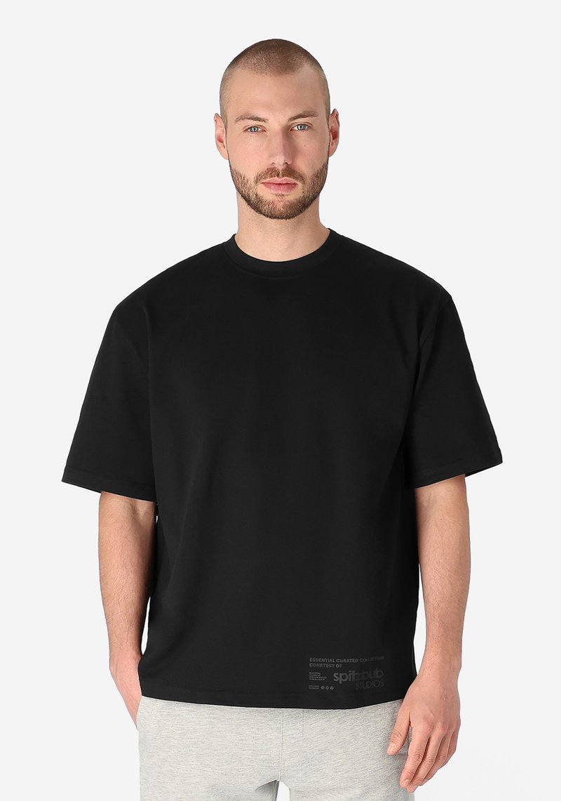 Black short-sleeve t-shirt crafted from soft fabric, featuring a crew neck and a relaxed fit, with minimal branding near the hem.