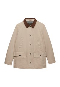 Chaqueta beige con botones, cuello de pana marrón oscuro, dos bolsillos frontales con solapa y botones, y dos bolsillos inclinados en el pecho.