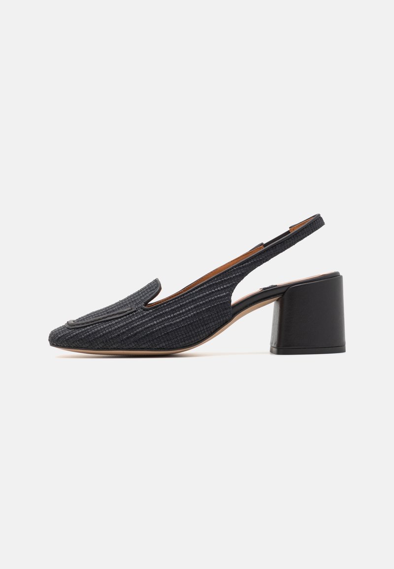 Chaussure femme noire à bride arrière avec tige texturée, talon bloc arrondi et design mocassin à enfiler sur fond blanc.