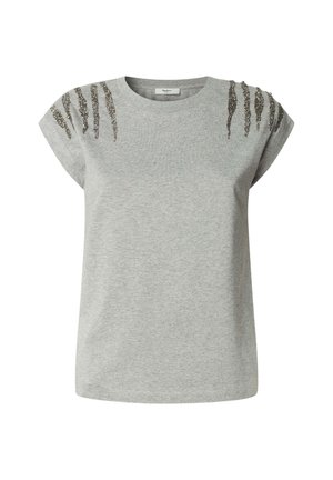 Grijze korte mouwen t-shirt met een zachte textuur, voorzien van metalen accenten die lijken op klauwsporen op de schouders.