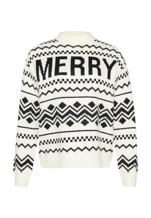 Weißer Strickpullover mit auffälligem schwarzem "MERRY"-Text, geometrischen Mustern und gerippten Bündchen, im lässigen Schnitt und mit Rundhalsausschnitt.