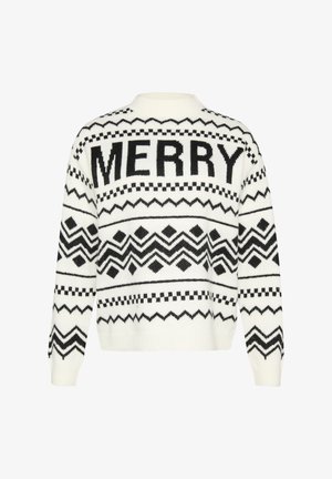 Witte gebreide trui met opvallende zwarte "MERRY" tekst, geometrische patronen en ribgebreide manchetten, met een ontspannen pasvorm en ronde halslijn.