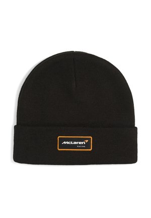 Bonnet en tricot noir avec revers plié présentant un patch rectangulaire avec le logo McLaren Racing bordé en orange.