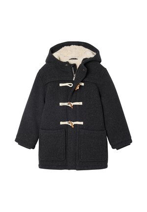 Schwarzer Woll-Dufflecoat mit Kapuze, ausgestattet mit cremefarbenen Knebelverschlüssen, zwei Fronttaschen und einem weichen, beigen Fleece-Futter.