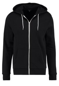 Sudadera negra con cremallera hecha de una mezcla de algodón. Cuenta con una capucha con cordones, bolsillos frontales, puños acanalados y una textura suave.