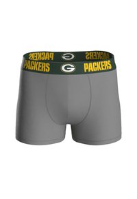 Boxers en tela gris con un diseño ajustado. Presentan una cinturilla verde etiquetada como "PACKERS" en amarillo con un detalle de logo.