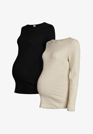 Két hosszú ujjú kismama felső fekete és világos bézs színben, puha, bordázott textúrával és kerek nyakkivágással. Terhesség alatt viselhető.