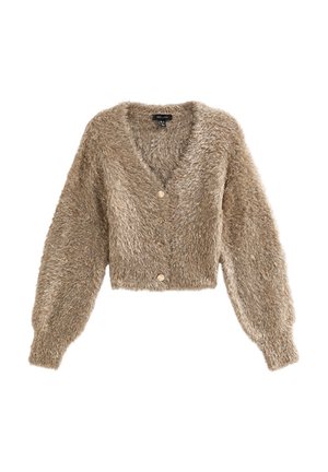 Fluffy beige cropped cardigan met een diepe V-hals, lange mouwen en drie knopen vooraan. Zachte textuur met een relaxte pasvorm.