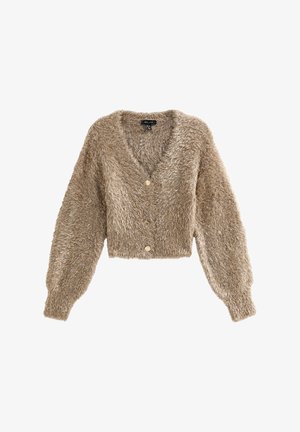 Fluffy beige cropped cardigan met een diepe V-hals, lange mouwen en drie knopen vooraan. Zachte textuur met een relaxte pasvorm.