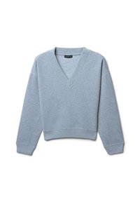 Maglione corto azzurro chiaro con maniche lunghe, scollatura a V profonda e polsi e orlo a coste, adagiato su uno sfondo bianco.