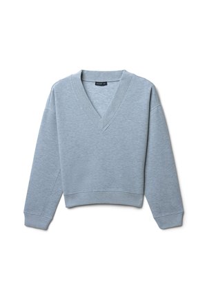Maglione corto azzurro chiaro con maniche lunghe, scollatura a V profonda e polsi e orlo a coste, adagiato su uno sfondo bianco.