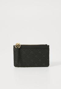 Black cardholder made of textured material, featuring a zip closure with a gold accent and embossed pattern throughout.