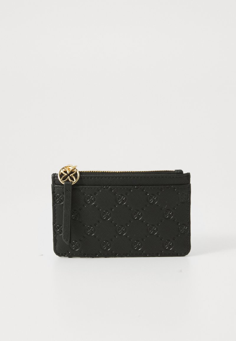 Black cardholder made of textured material, featuring a zip closure with a gold accent and embossed pattern throughout.