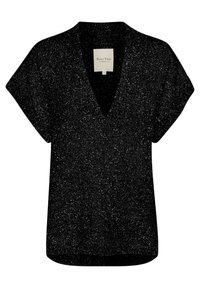 Haut noir à manches courtes avec un col en V, fabriqué dans un tissu texturé et scintillant. Présente une coupe décontractée et une étiquette portant l'inscription "Part Two".