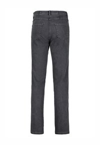 Jeans en denim gris avec jambes droites, une taille avec passants de ceinture et deux poches arrière. Le tissu a une texture lisse et un délavage subtil.