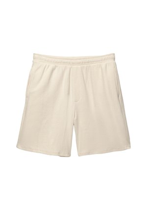Beige shorts made of textured fabric, featuring an elastic waistband, two side pockets, and a relaxed fit.