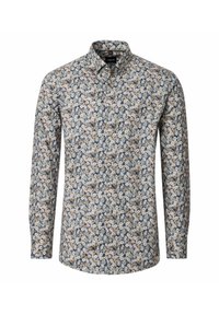Lange mouw knoopsluiting overhemd met een blauw, beige en wit bloemenpatroon en een klassieke kraag.