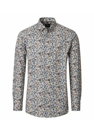 Langarm-Hemd mit einem blauen, beigen und weißen Blumenmuster und einem klassischen Kragen.