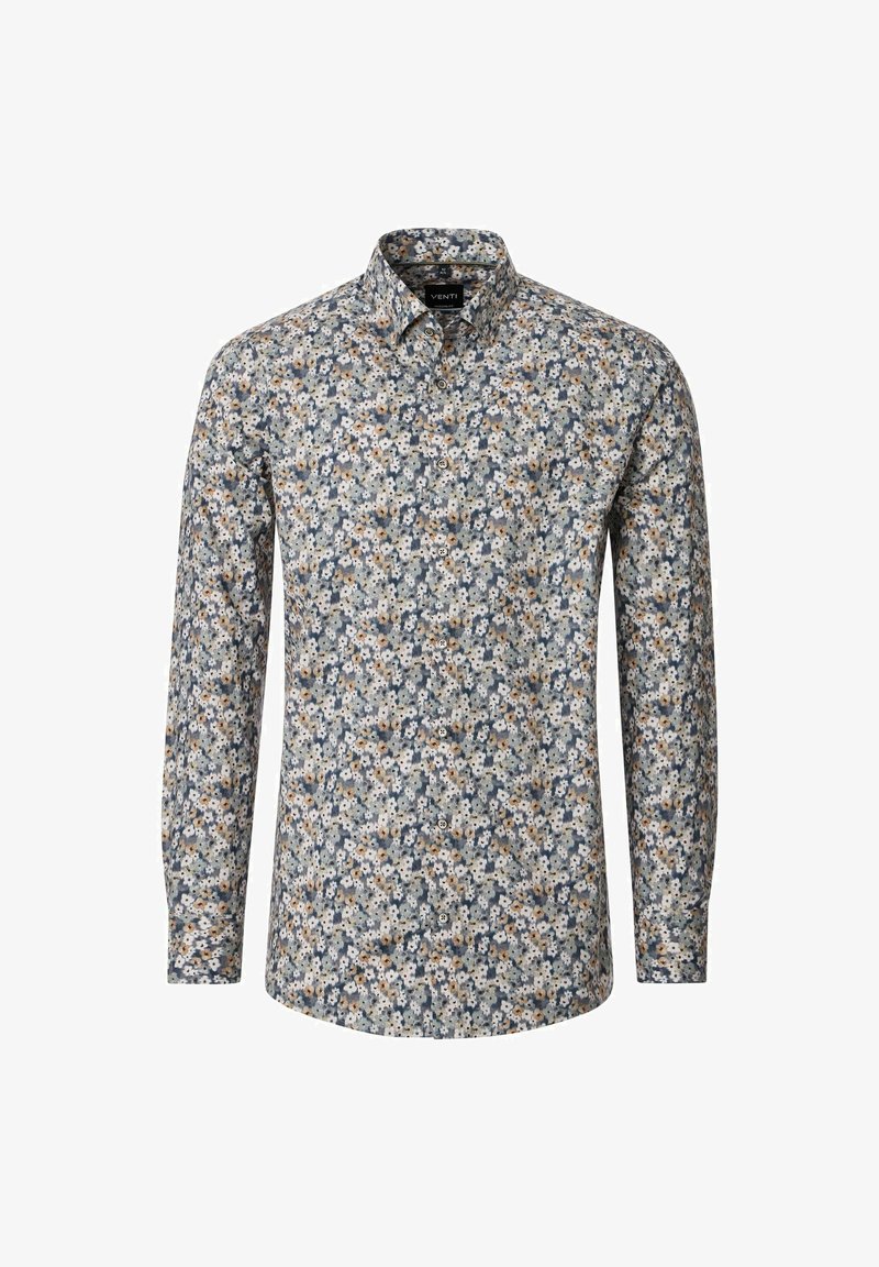 Lange mouw knoopsluiting overhemd met een blauw, beige en wit bloemenpatroon en een klassieke kraag.