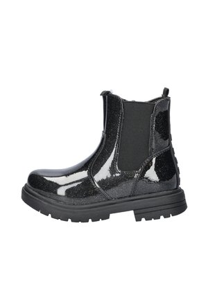 Zwarte glitter Chelsea-boots met een glanzende afwerking, elastische zijpanelen en een chunky rubberen zool. Bevat een treklus voor eenvoudig aan- en uittrekken.