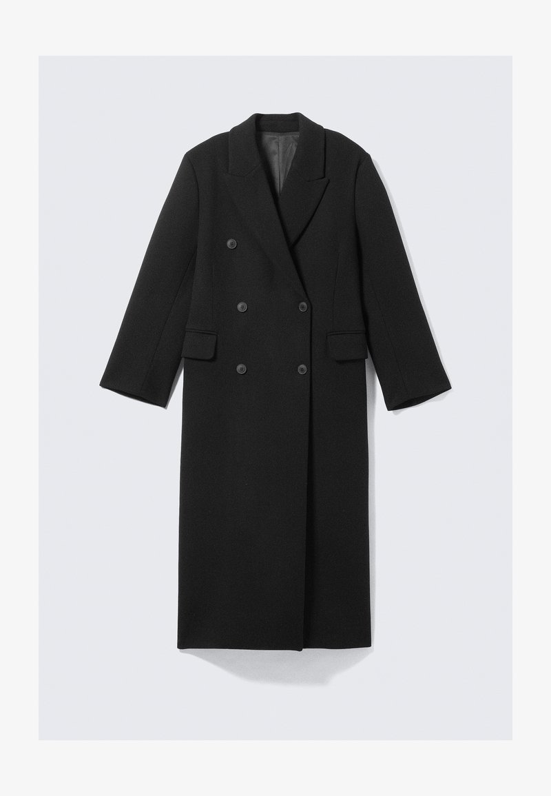 Zwart double-breasted jas van een wolmix, met een notched kraag, lange mouwen, twee voorzakken en een gladde textuur.