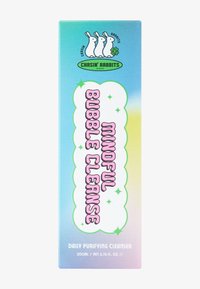 Daily purifying cleanser packaging featuring a gradient from blue to green, with bold pink text and a cartoon logo of three rabbits.