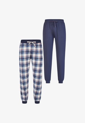 Bomulds loungebukser: den ene i marineblå med elastiske manchetter og lommer, den anden i et blå-hvidt ternet mønster med snøre i taljen.