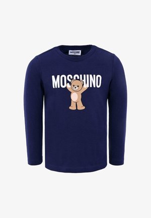 Maglietta a maniche lunghe blu navy in cotone con grafica di un orso e testo "MOSCHINO" in bianco. Collo rotondo, vestibilità standard e polsini a costine.