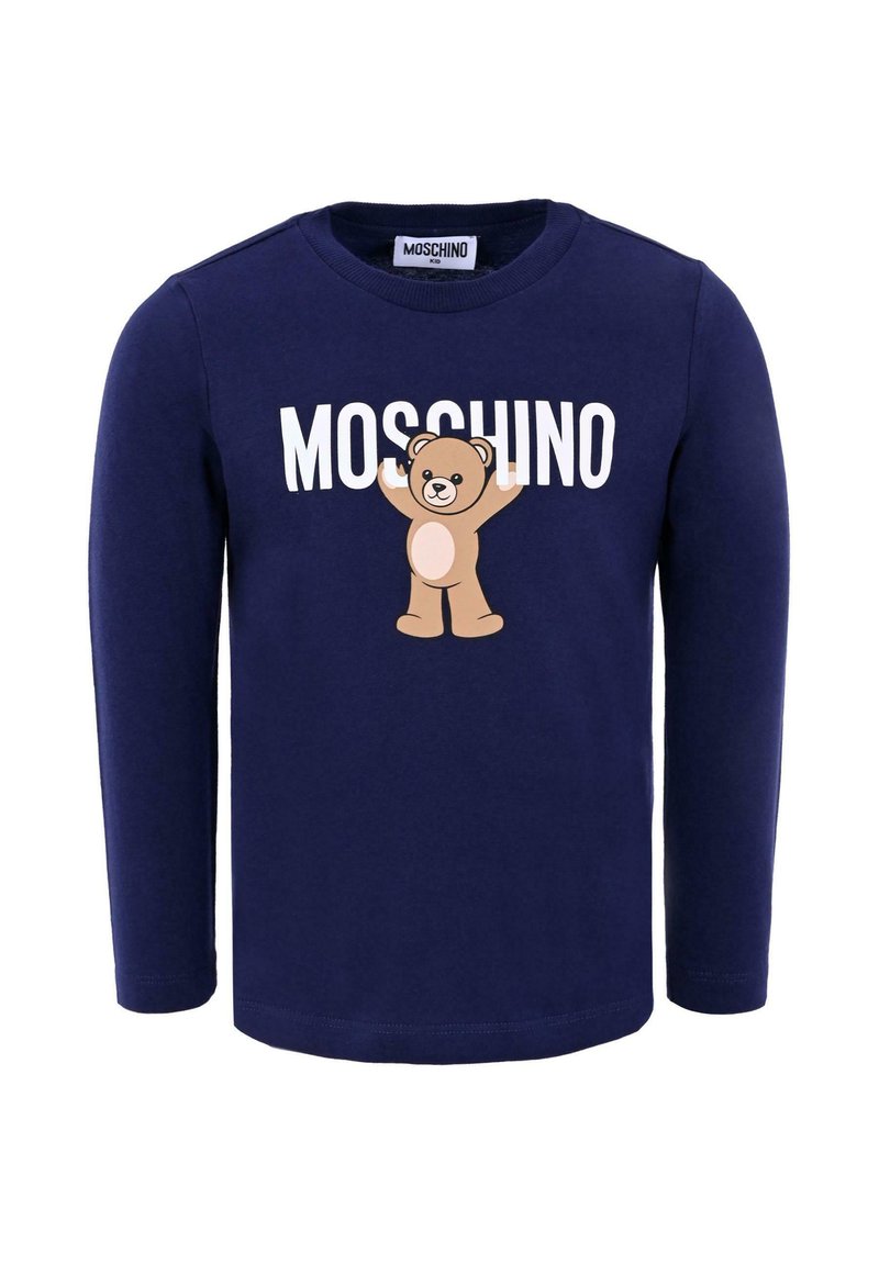 Marineblauwe lange mouw T-shirt van katoen met een berenafbeelding en de tekst "MOSCHINO" in het wit. Ronde halslijn, normale pasvorm en ribgebreide mouwen.