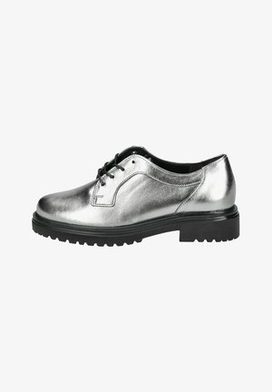Metallic silberne Schnürschuhe mit einem glatten Lederoberteil, schwarzer Gummisohle, runder Zehenform und gesteppten Details an den Seiten.