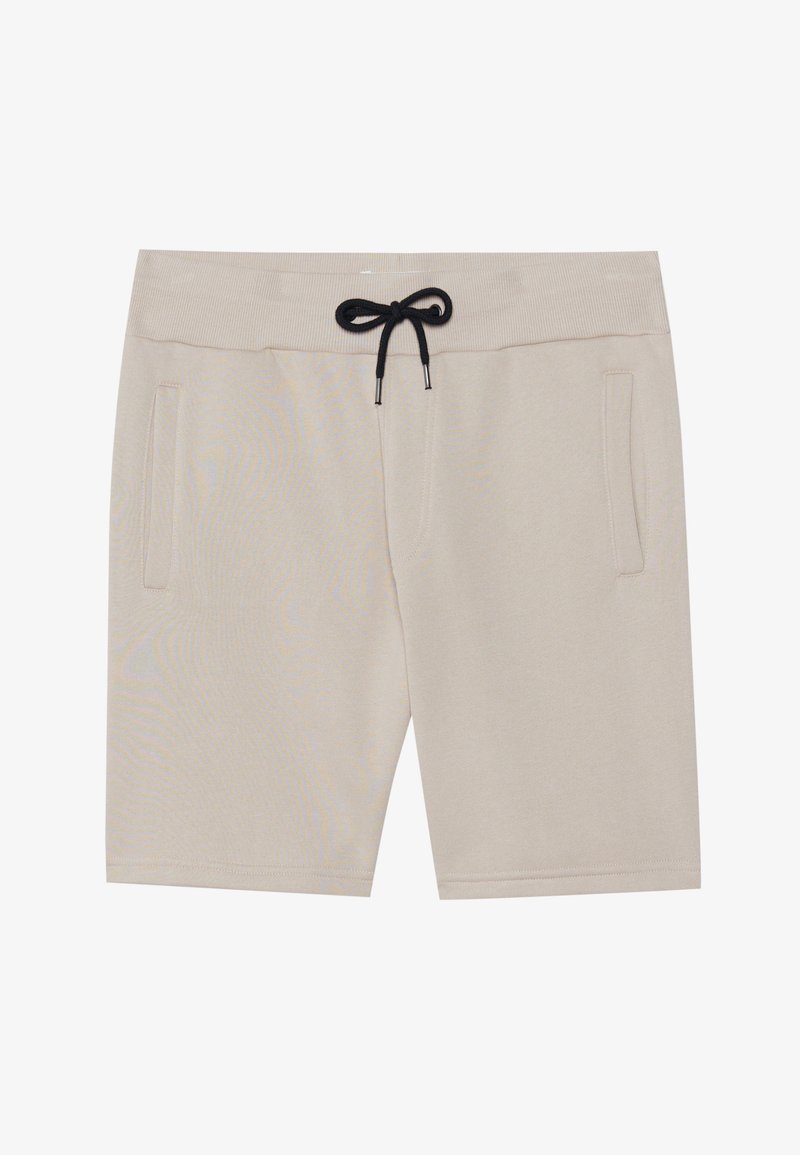 Μπεζ σορτσάκια από μαλακό ύφασμα, με ελαστική μέση και μαύρη κορδόνι, καθώς και δύο πλαϊνές τσέπες. Απλή σχεδίαση και ίσια γραμμή.