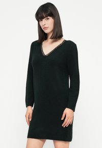 Frau mit glattem, dunklem Haar, die ein schwarzes langärmliges V-Ausschnitt-Kleid mit Spitzenbesatz trägt, vor einem einfarbigen weißen Hintergrund steht.