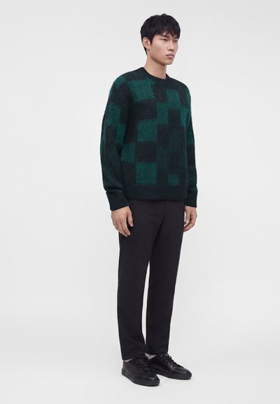 Homme portant un pull à carreaux vert foncé et noir, un pantalon noir et des baskets noires, debout devant un fond blanc uni.