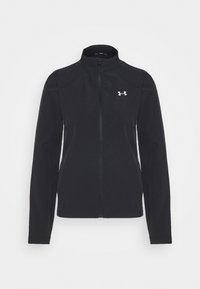 Veste noire à manches longues avec fermeture éclair, col haut et petit logo blanc Under Armour sur la poitrine gauche.