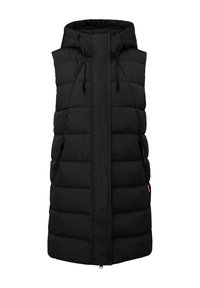 Veste matelassée noire sans manches avec capuche, fermeture éclair devant couverte par un rabat, et poches latérales zippées.