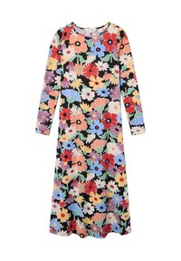 Vestido de manga larga con un colorido estampado floral que presenta flores rojas, azules, moradas, amarillas y blancas sobre un fondo negro.